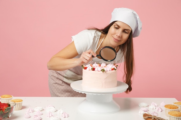 Szef kuchni kucharz cukiernik lub piekarz w biały t-shirt, kapelusz kucharzy toczek gotowanie ciasta lub ciastko przy stole trzymać szkło powiększające na białym tle na różowym tle pastelowych w studio. Makieta koncepcja żywności przestrzeni kopii.