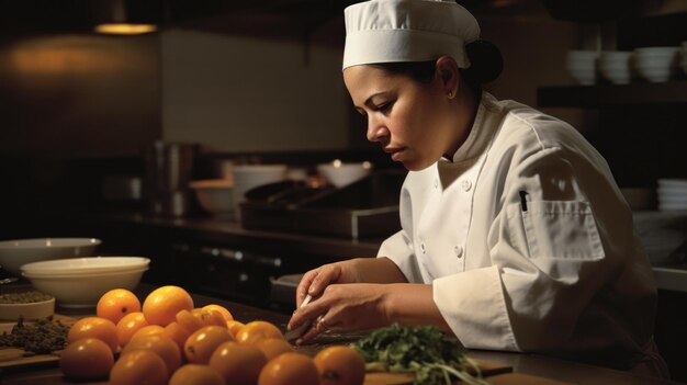 Szef kuchni Latynoska w średnim wieku Przygotowywanie składników w kuchni restauracji Generative AI AIG22