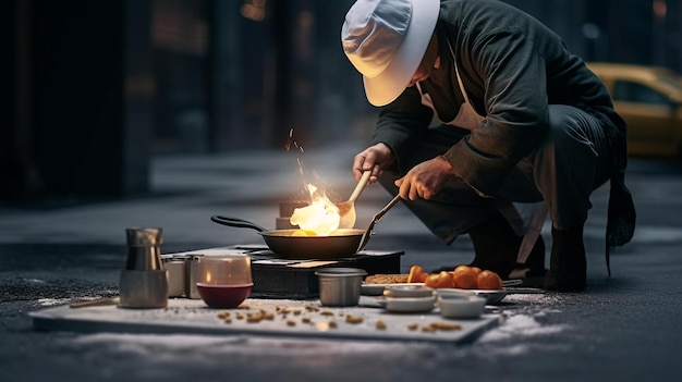 szef kuchni lub kucharz demonstrujący sztukę smażenia jajka na chodniku Generative AI
