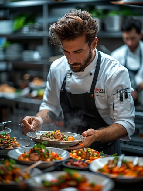 Szef kuchni odsłania nowy element menu w tętniącej życiem kuchni restauracji