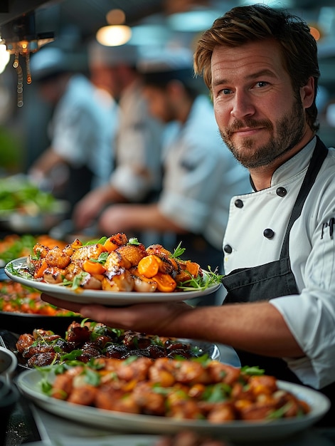 Szef kuchni odsłania nowy element menu w tętniącej życiem kuchni restauracji