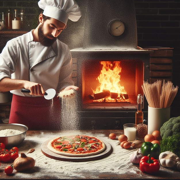 Szef kuchni pieczy pizzę z warzywami, piec na ognisku z tyłu, dla postów w mediach społecznościowych.