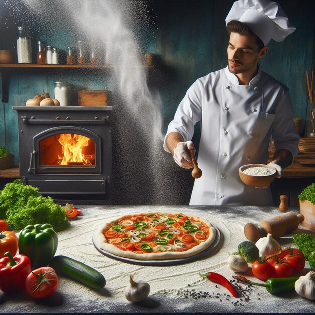 Szef kuchni pieczy pizzę z warzywami, piec na ognisku z tyłu, dla postów w mediach społecznościowych.
