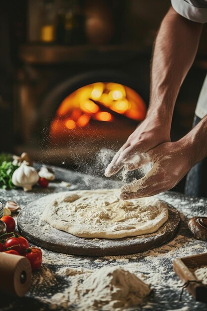 Zdjęcie szef kuchni przygotowuje ciasto do pizzy w pobliżu płonącego pieca na drewno otoczonego świeżymi składnikami