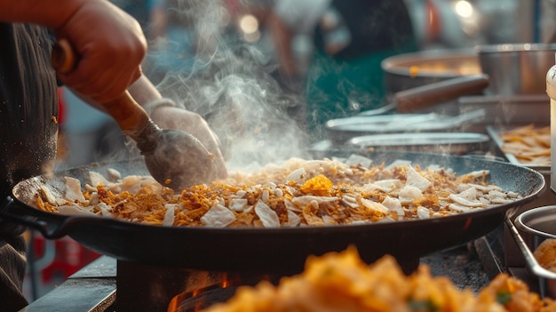 Szef kuchni przygotowuje meksykańskie chilaquiles na targu z jedzeniem ulicznym