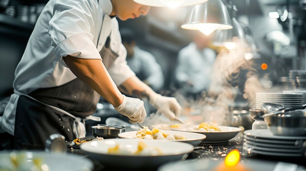 Szef kuchni przygotowuje obiad w kuchni restauracji