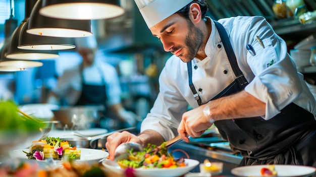 Szef kuchni przygotowuje obiad w kuchni restauracji