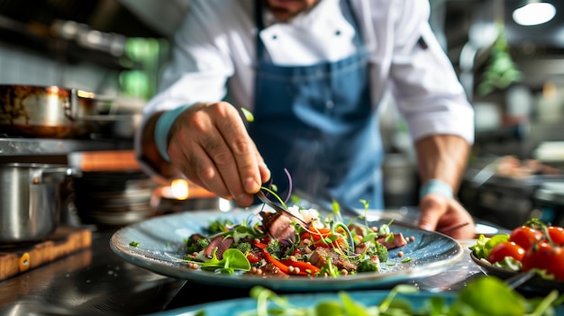 Szef kuchni przygotowuje obiad w kuchni restauracji