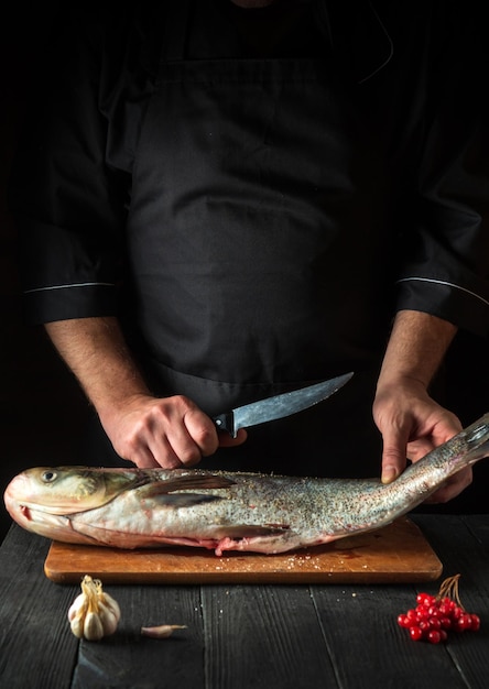 Szef kuchni przygotowuje śledzia karpia w kuchni Przygotowanie do krojenia ryby nożem
