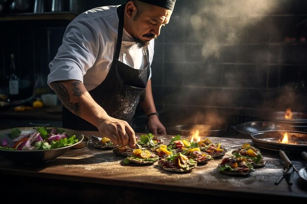 Szef kuchni przygotowuje talerz meksykańskich ulicznych tacos z barbecue