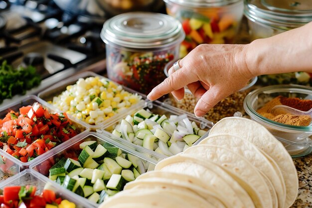 Zdjęcie szef kuchni przygotowuje tradycyjne meksykańskie tacos z świeżych składników w domowych pojemnikach w kuchni