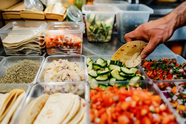 Szef kuchni przygotowuje tradycyjne meksykańskie tacos z świeżych składników w domowych pojemnikach w kuchni