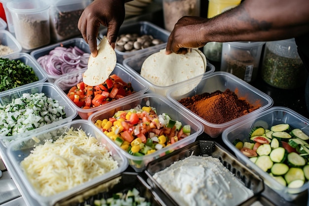 Szef kuchni przygotowuje tradycyjne meksykańskie tacos z świeżych składników w domowych pojemnikach w kuchni