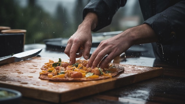 Szef kuchni robi pizzę na desce do krojenia