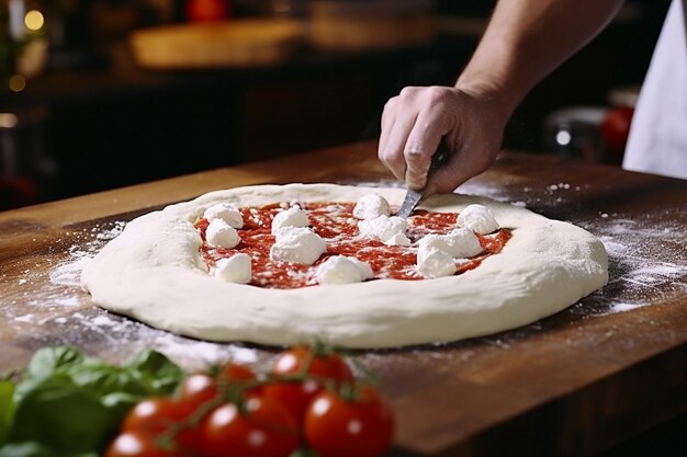 Zdjęcie szef kuchni robi pizzę na stole z bliska