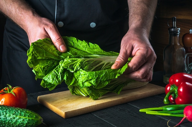 Szef kuchni robi sałatkę ze świeżej kapusty pekińskiej. Preparat do krojenia w kuchni restauracyjnej. Pomysł na dietę warzywną.