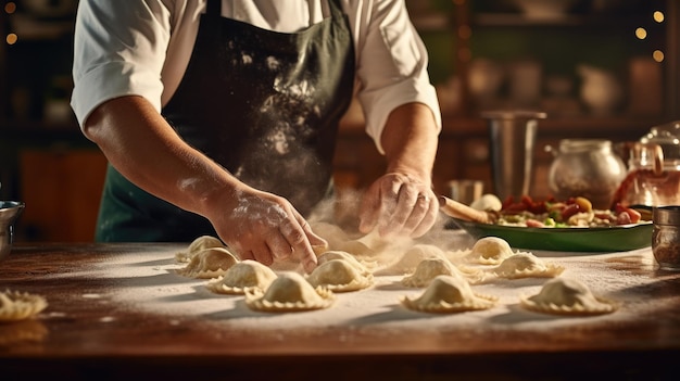 Szef kuchni robi świeże wegetariańskie makarony ravioli na kuchennym stole z mąką