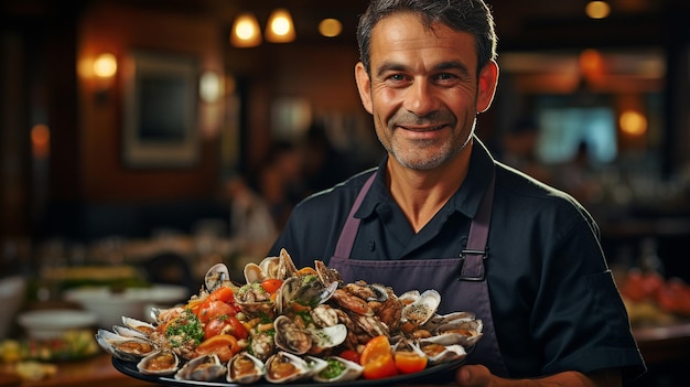Zdjęcie szef kuchni serwuje wspaniały talerz świeżych owoców morza