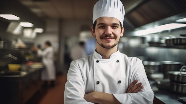 Szef kuchni stoi w kuchni ze skrzyżowanymi rękami.