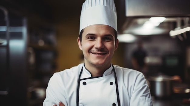 Szef kuchni stojący w kuchni w kapeluszu i uśmiechnięty