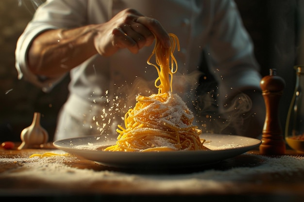 Szef kuchni tworzy wyśmienite danie z makaronem ręcznie wykonanym