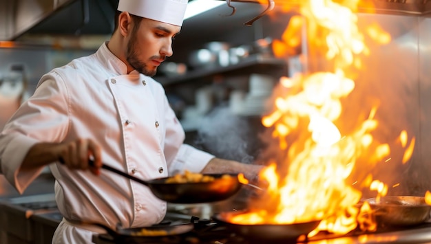 Szef kuchni umiejętnie flambeje danie w kuchni restauracji