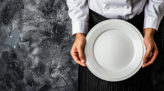 Zdjęcie szef kuchni w białej kurtce trzymający pustą talerz na czarnym tle