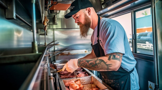 Szef kuchni w food trucku gotujący mięso na hamburgery widok z boku Generatywna sztuczna inteligencja