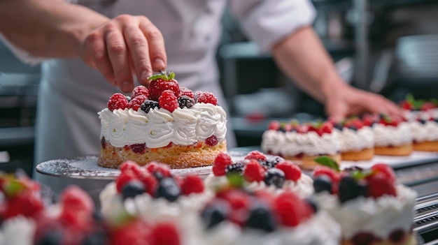 Szef kuchni w kuchni tworzący miniaturowe torty urodzinowe Generative Ai