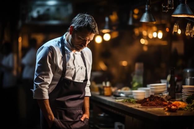 Szef kuchni w niebezpieczeństwie w słabo oświetlonej restauracji kuchnia tło z pustą przestrzenią dla tekstu