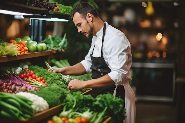 Szef kuchni wybiera świeże warzywa na targu Produkty ekologiczne do gotowania w restauracji Generative ai