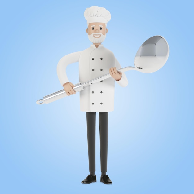 Szef kuchni z dużą chochlą. Ilustracja 3D w stylu kreskówki.
