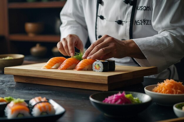 Szef sushi demonstrujący proces ma