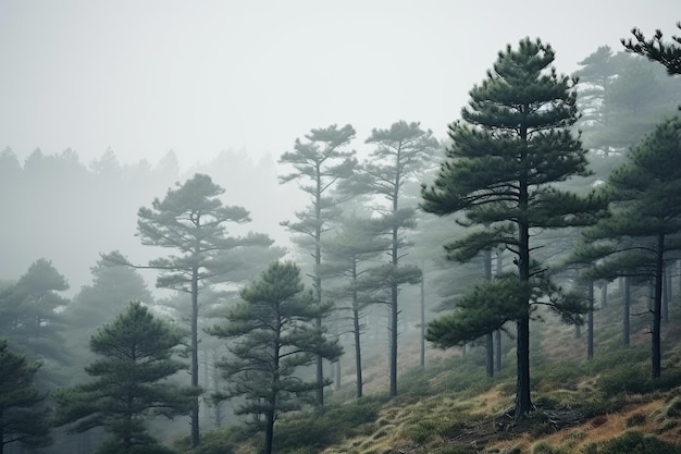Szepty mgły Enigmatyczny krajobraz lasu sosnowego