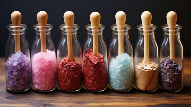 szereg butelek z różnorodnymi kolorowymi przyprawami