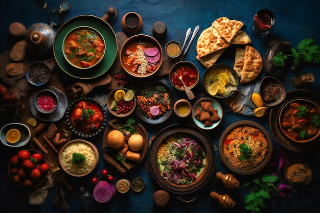 szereg indyjskich potraw na ciemnym tle