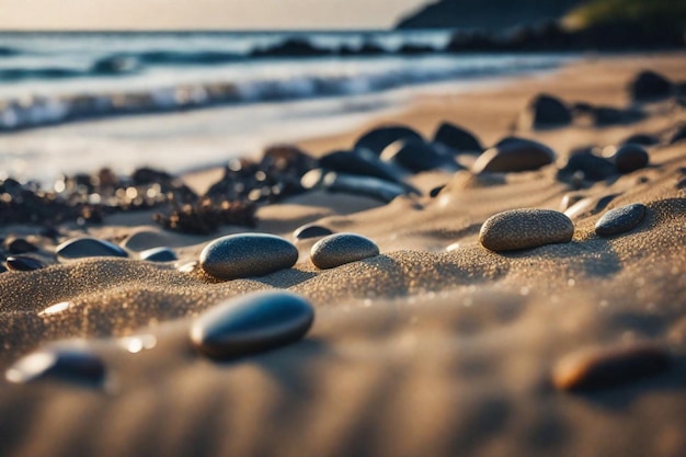 szereg kamieni na plaży z słońcem za nimi
