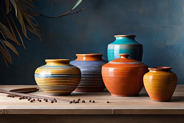 szereg kolorowych ceramik na drewnianym stole