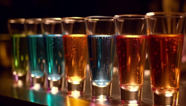 Zdjęcie szereg kolorowych kieliszków koktajlowych oświetla ciemny bar generowany przez sztuczną inteligencję