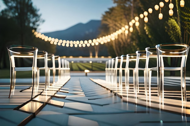 Zdjęcie szereg szklanek na stole z łańcuchem świateł za nimi