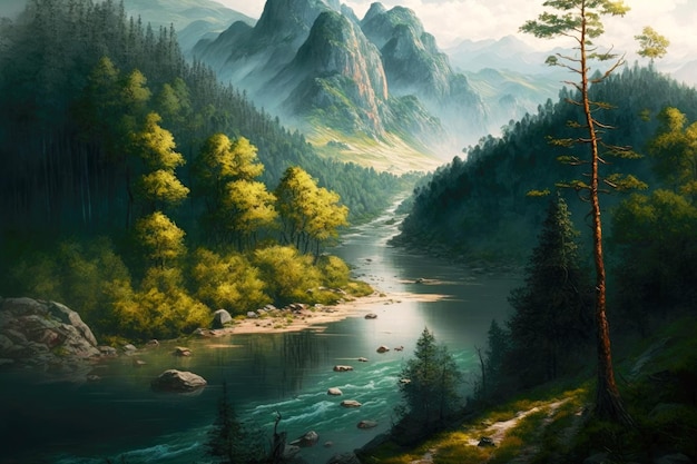Szeroka górska rzeka wśród gęstych porośniętych lasów i wzgórz