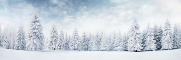 Szeroka panorama sosen i pola śnieżnego po śniegu w zimie