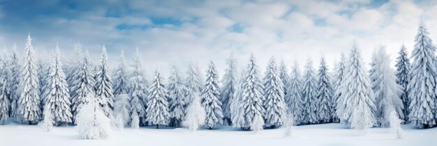 Szeroka panorama sosen i śnieżnego pola po opadach śniegu zimą