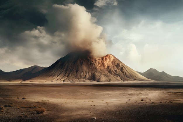 Szeroki kąt dymiącego wulkanu w jałowym krajobrazie stworzony za pomocą generatywnej sztucznej inteligencji
