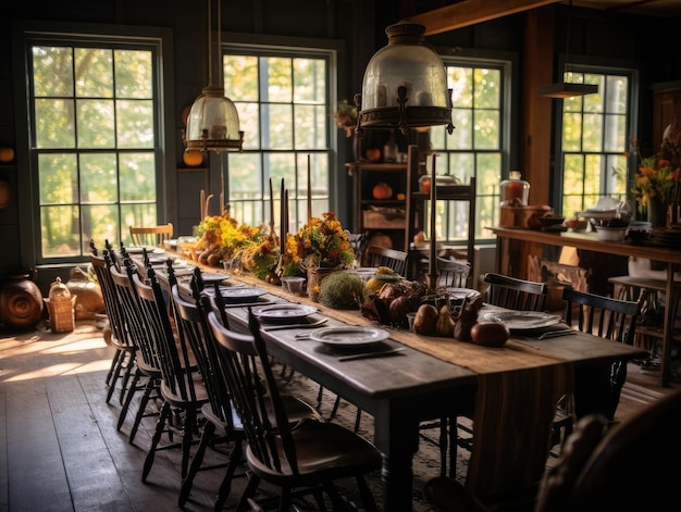Szeroki kąt widzenia drewnianej podłogi stołu w jadalni i pokoju oświetlonego światłem słonecznym wpadającym przez okna Generative AI