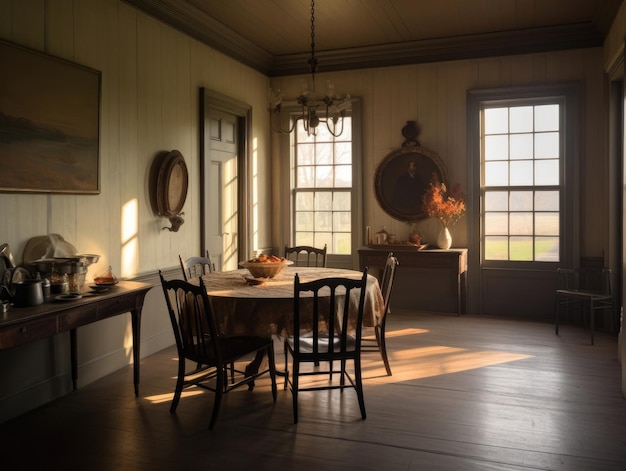 Szeroki kąt widzenia drewnianej podłogi stołu w jadalni i pokoju oświetlonego światłem słonecznym wpadającym przez okna Generative AI