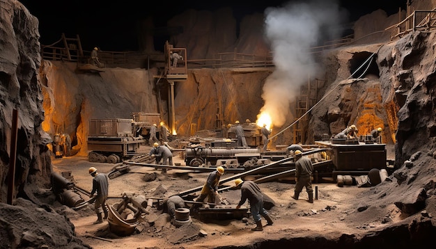 Szeroki kąt widzenia w skali dioramy przedstawiającej grupę górników pracujących w kopalni złota