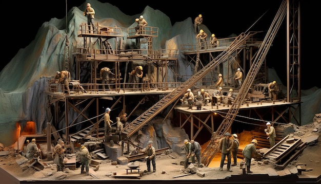 Szeroki kąt widzenia w skali dioramy przedstawiającej grupę górników pracujących w kopalni złota