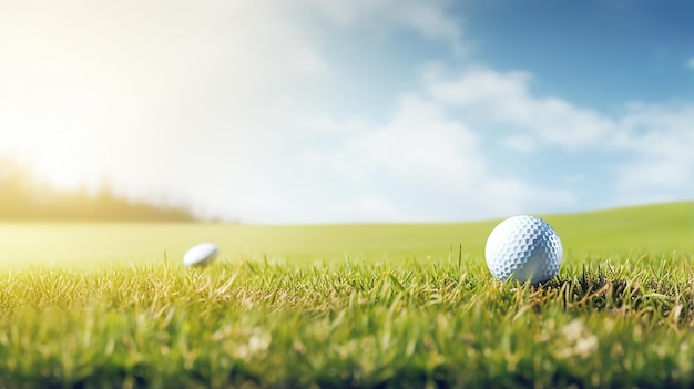Szeroki panoramiczny widok na klub golfowy i piłkę w trawie
