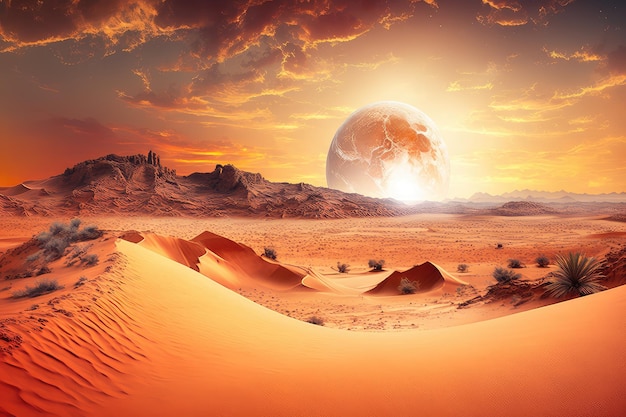 Szeroki panoramiczny widok na piękną czerwoną pustynię i zachodzące słońce za wydmami